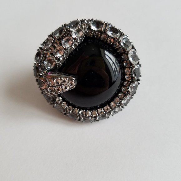 Women's Silver 925 Aquamarine Black Onyx Stingray Skin Snake Ring Size 8 - Picture 13 of 15